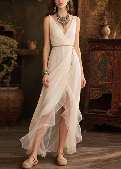 Casual White V Neck Side Open Tulle Beach Dresses Summer