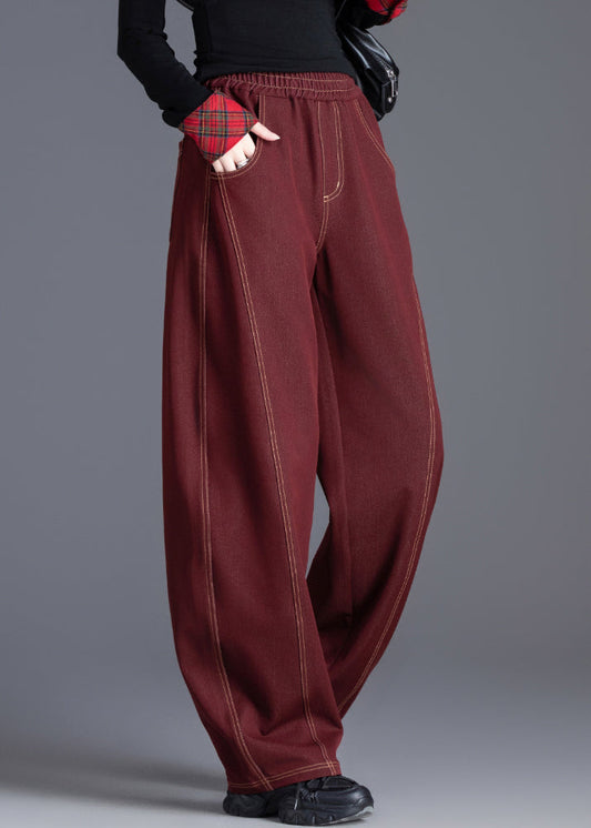 Casual Wine Red Elastic Waist Patchwork Denim Pants Spring