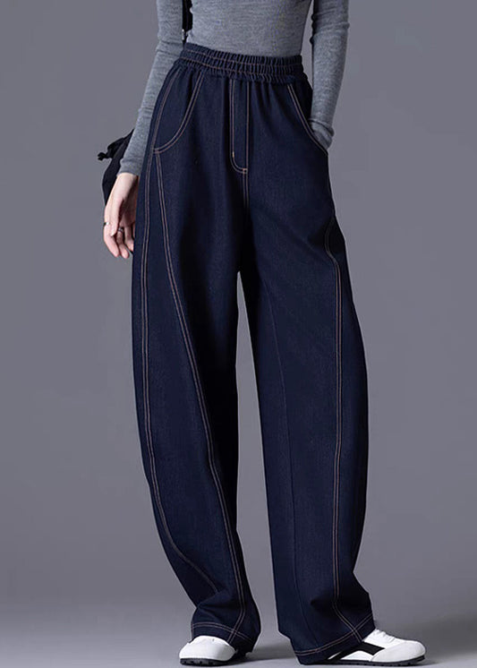 Casual Wine Red Elastic Waist Patchwork Denim Pants Spring