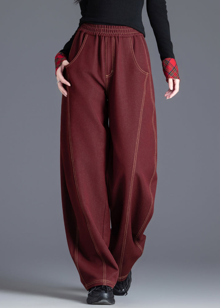 Casual Wine Red Elastic Waist Patchwork Denim Pants Spring