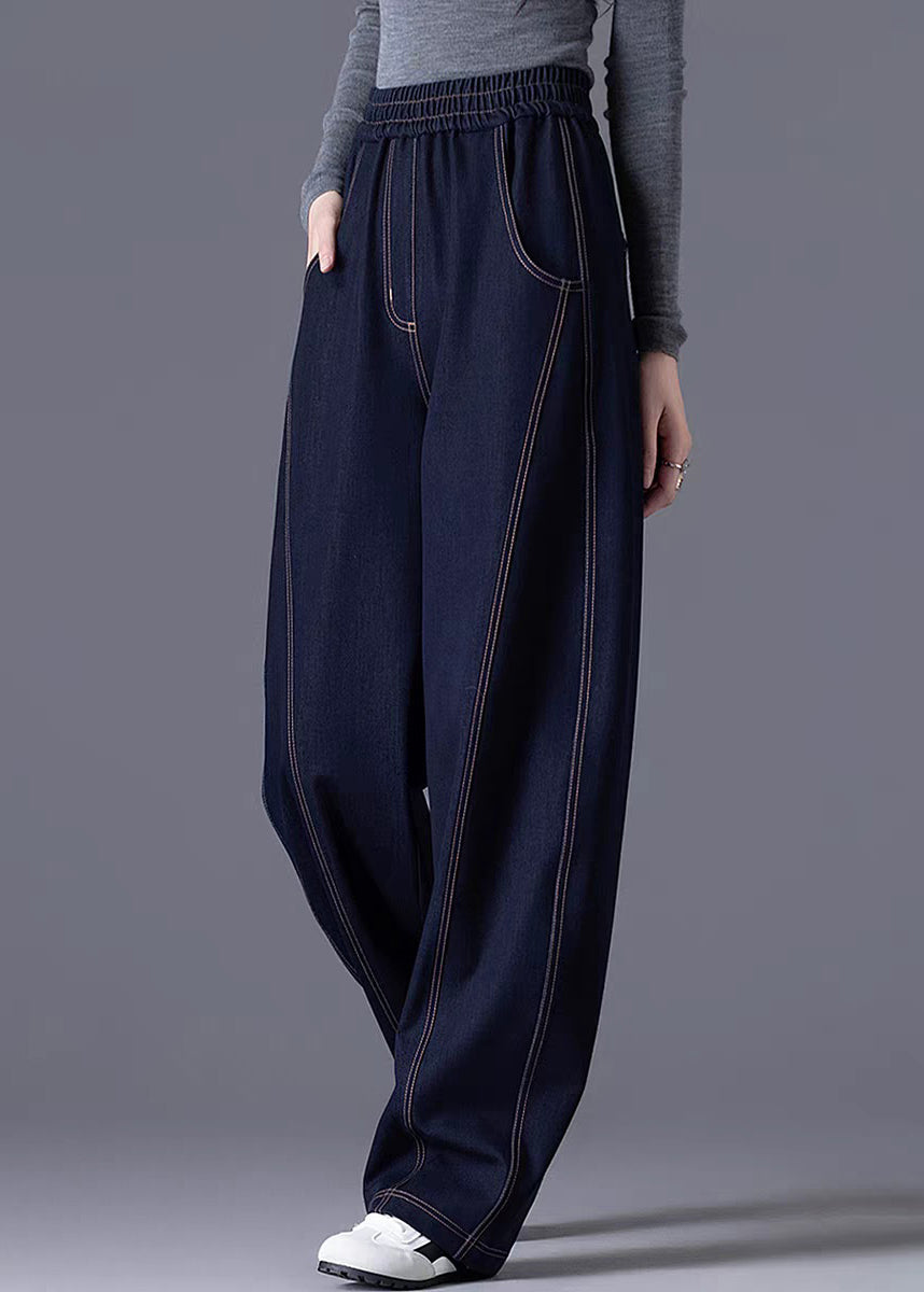 Casual Wine Red Elastic Waist Patchwork Denim Pants Spring