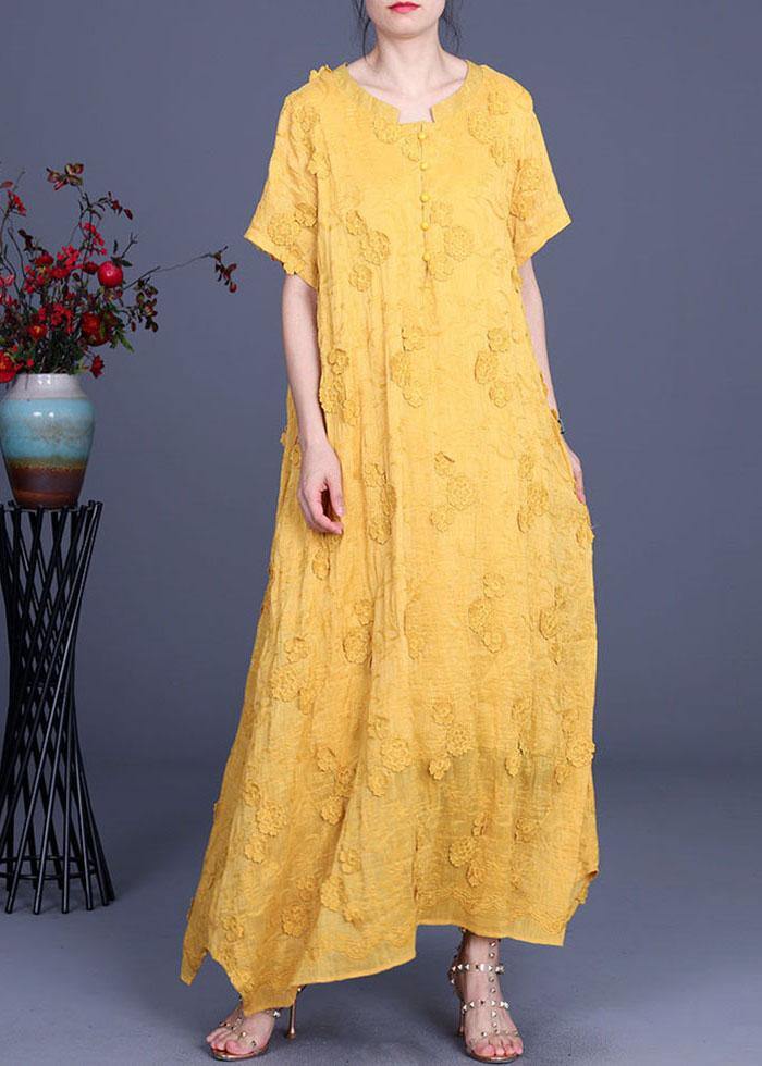 Casual Yellow 3D Floral Summer Linen Dress - SooLinen
