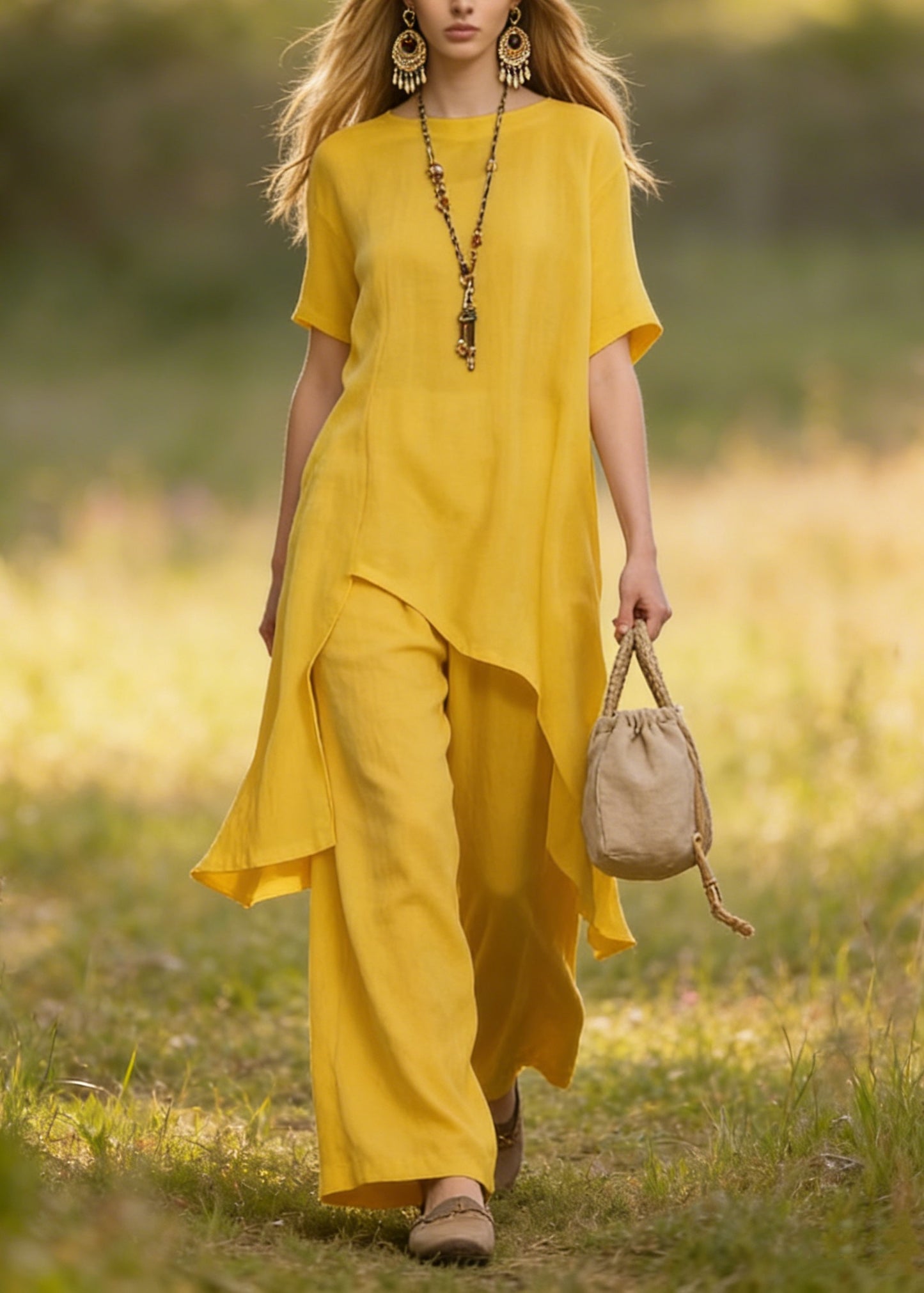 Casual Yellow Asymmetrical Plus Size Cotton Women Sets 2 Pieces Summer