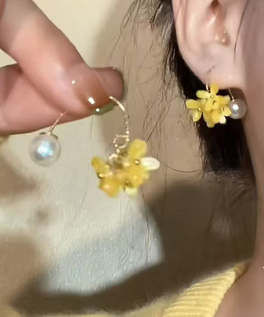 Casual Yellow Copper Alloy Acrylic Pearl Osmanthus Hoop Earrings