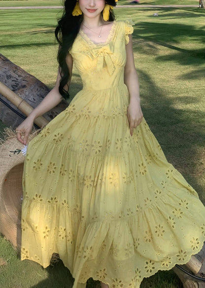 Casual Yellow Embroidered Exra Large Hem Chiffon Holiday Dress Summer