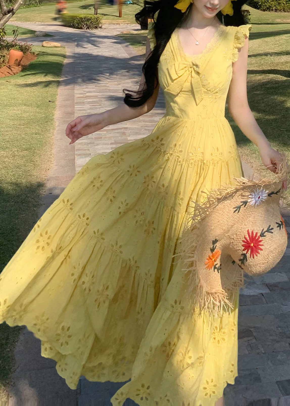 Casual Yellow Embroidered Exra Large Hem Chiffon Holiday Dress Summer