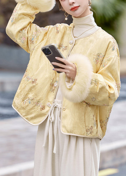 Casual Yellow Embroidered Patchwork Fox Fur Duck Down Coats Winter