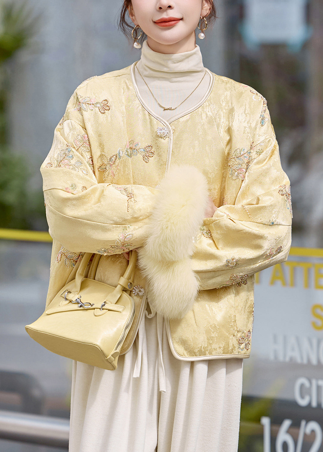 Casual Yellow Embroidered Patchwork Fox Fur Duck Down Coats Winter