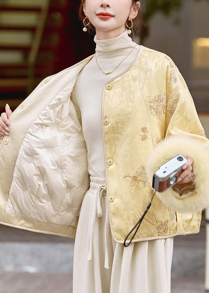 Casual Yellow Embroidered Patchwork Fox Fur Duck Down Coats Winter