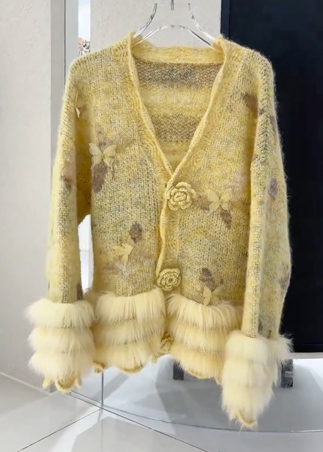Casual Yellow Floral Fur Cotton Knit Cardigans Spring