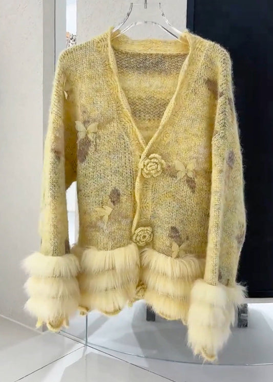 Casual Yellow Floral Fur Cotton Knit Cardigans Spring