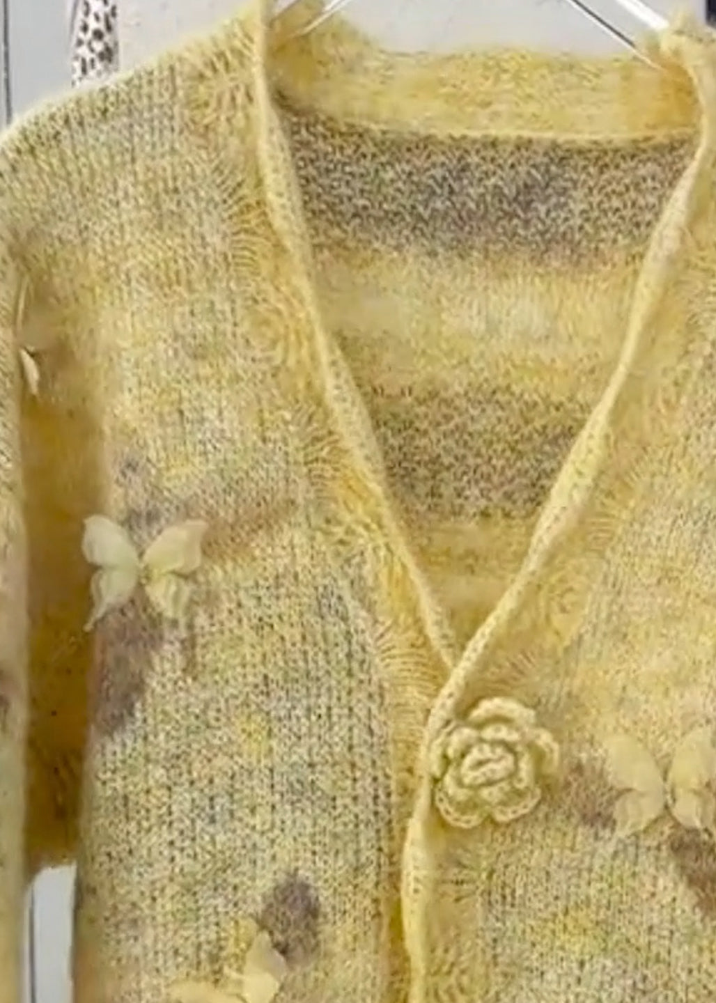 Casual Yellow Floral Fur Cotton Knit Cardigans Spring