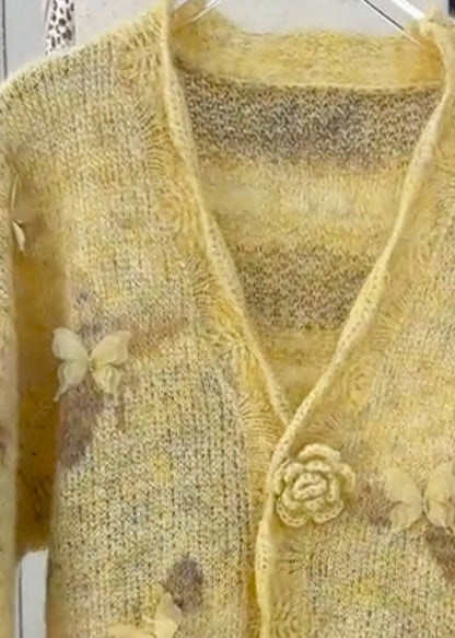 Casual Yellow Floral Fur Cotton Knit Cardigans Spring