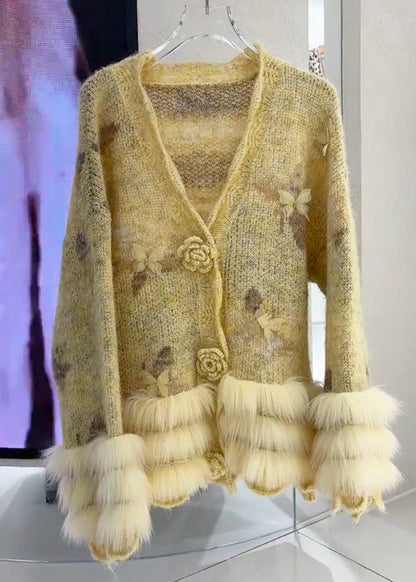 Casual Yellow Floral Fur Cotton Knit Cardigans Spring