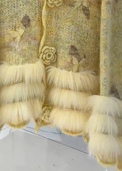 Casual Yellow Floral Fur Cotton Knit Cardigans Spring