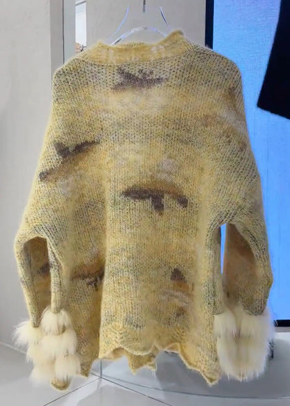 Casual Yellow Floral Fur Cotton Knit Cardigans Spring