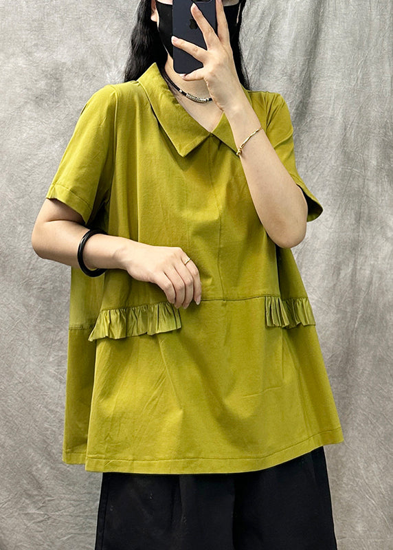 Casual Yellow Green Square Collar Ruffled Patchwork T Shirt Summer