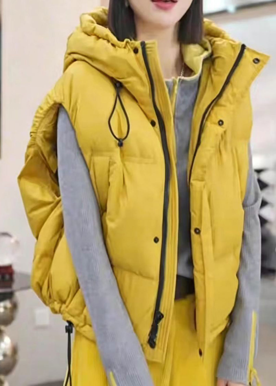 Casual Yellow Hooded Pockets Drawstring Cotton Filled Waistcoat Winter