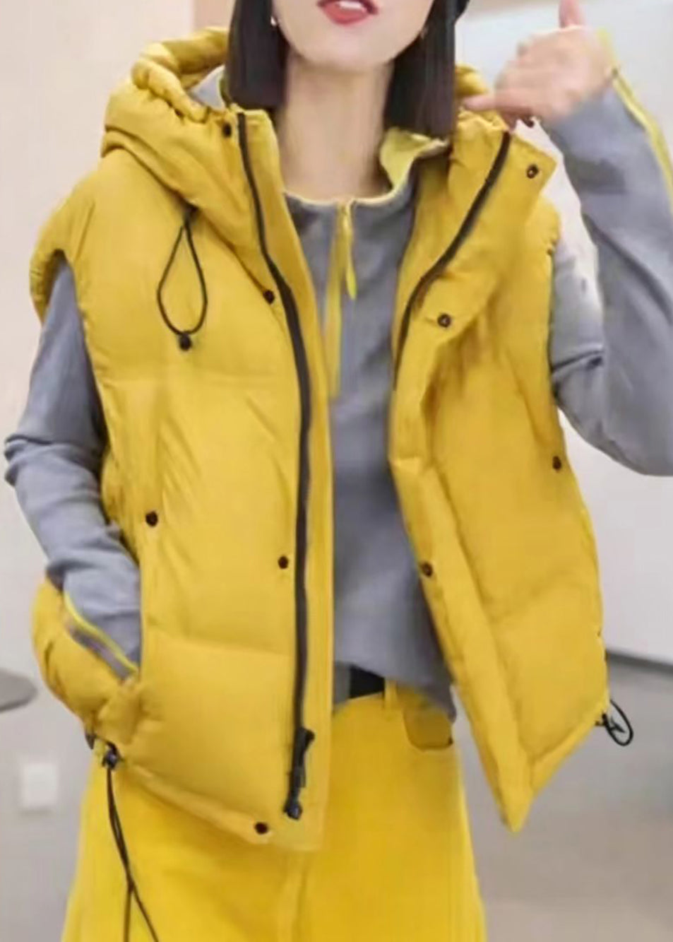 Casual Yellow Hooded Pockets Drawstring Cotton Filled Waistcoat Winter