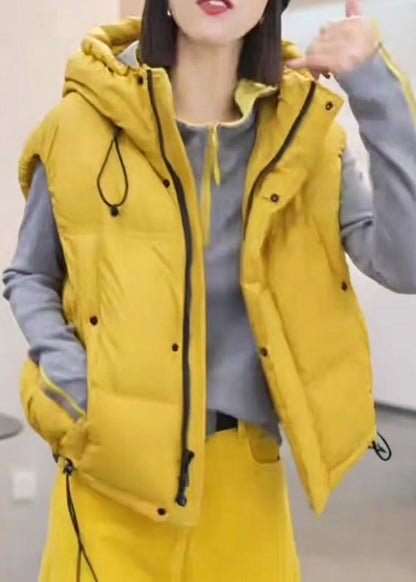 Casual Yellow Hooded Pockets Drawstring Cotton Filled Waistcoat Winter