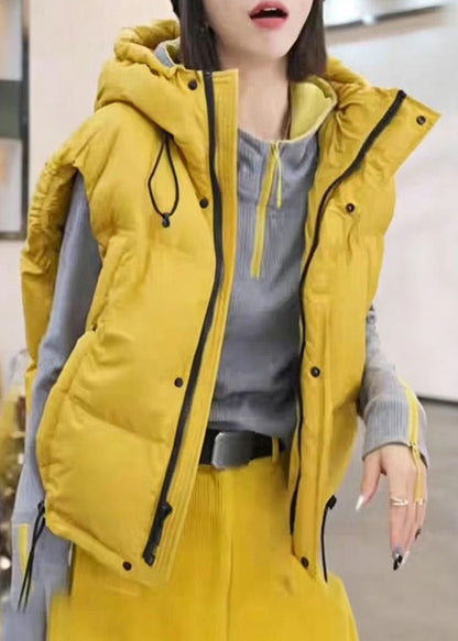 Casual Yellow Hooded Pockets Drawstring Cotton Filled Waistcoat Winter