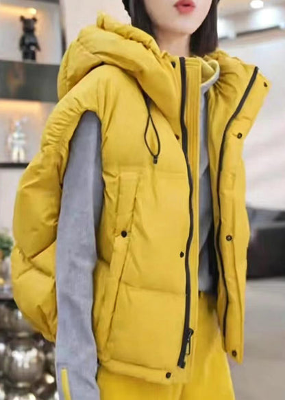 Casual Yellow Hooded Pockets Drawstring Cotton Filled Waistcoat Winter