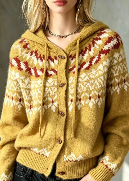 Casual Yellow Jacquard Hooded Drawstring Knit Cardigans Fall