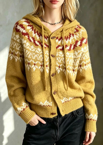 Casual Yellow Jacquard Hooded Drawstring Knit Cardigans Fall