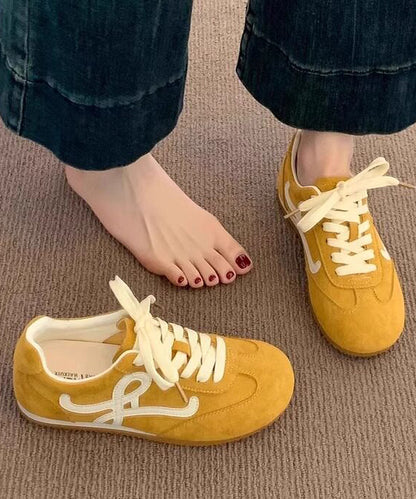 Casual Yellow Lace Up Splicing Suede Flat Feet Shoes