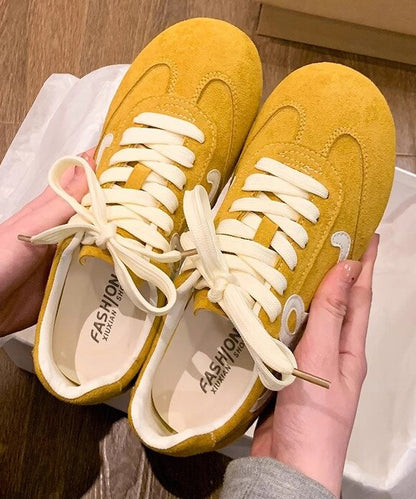 Casual Yellow Lace Up Splicing Suede Flat Feet Shoes