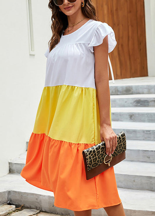 Casual Yellow O Neck Patchwork Cotton Dress Summer