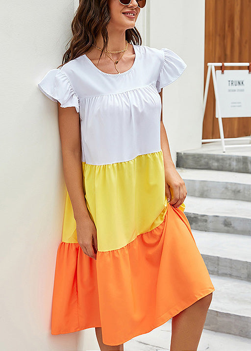 Casual Yellow O Neck Patchwork Cotton Dress Summer