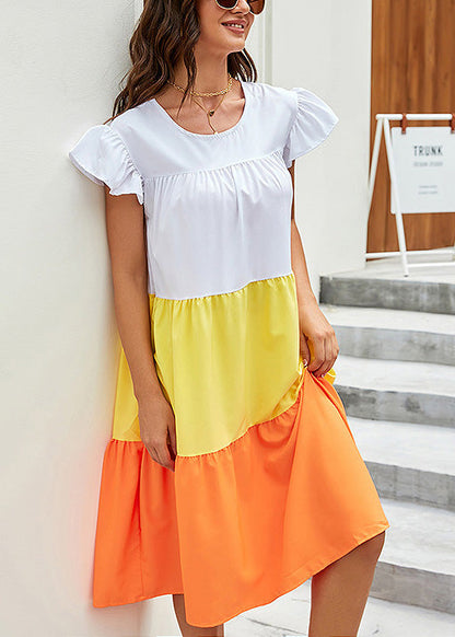 Casual Yellow O Neck Patchwork Cotton Dress Summer