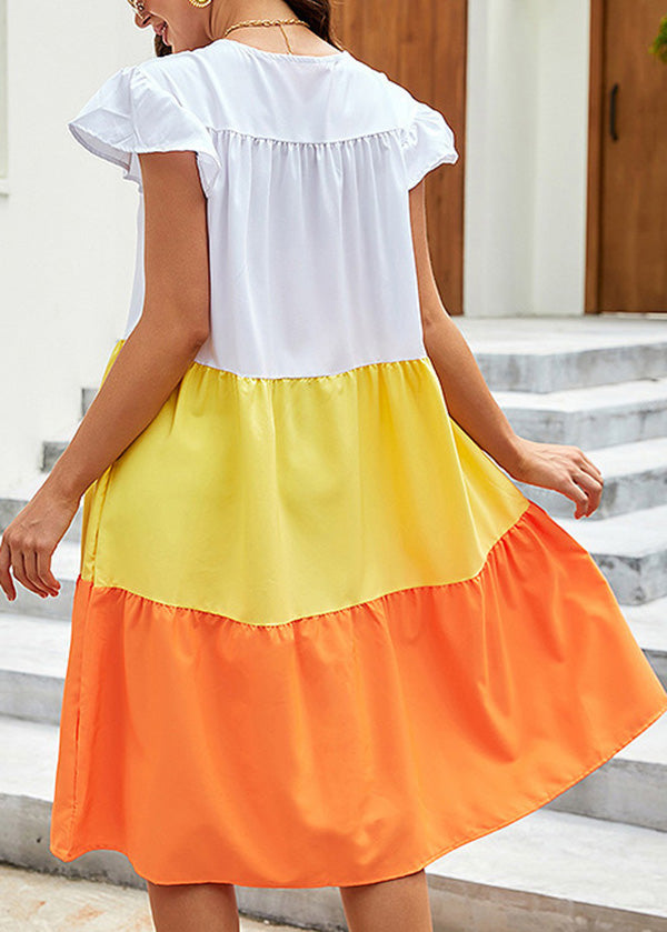 Casual Yellow O Neck Patchwork Cotton Dress Summer