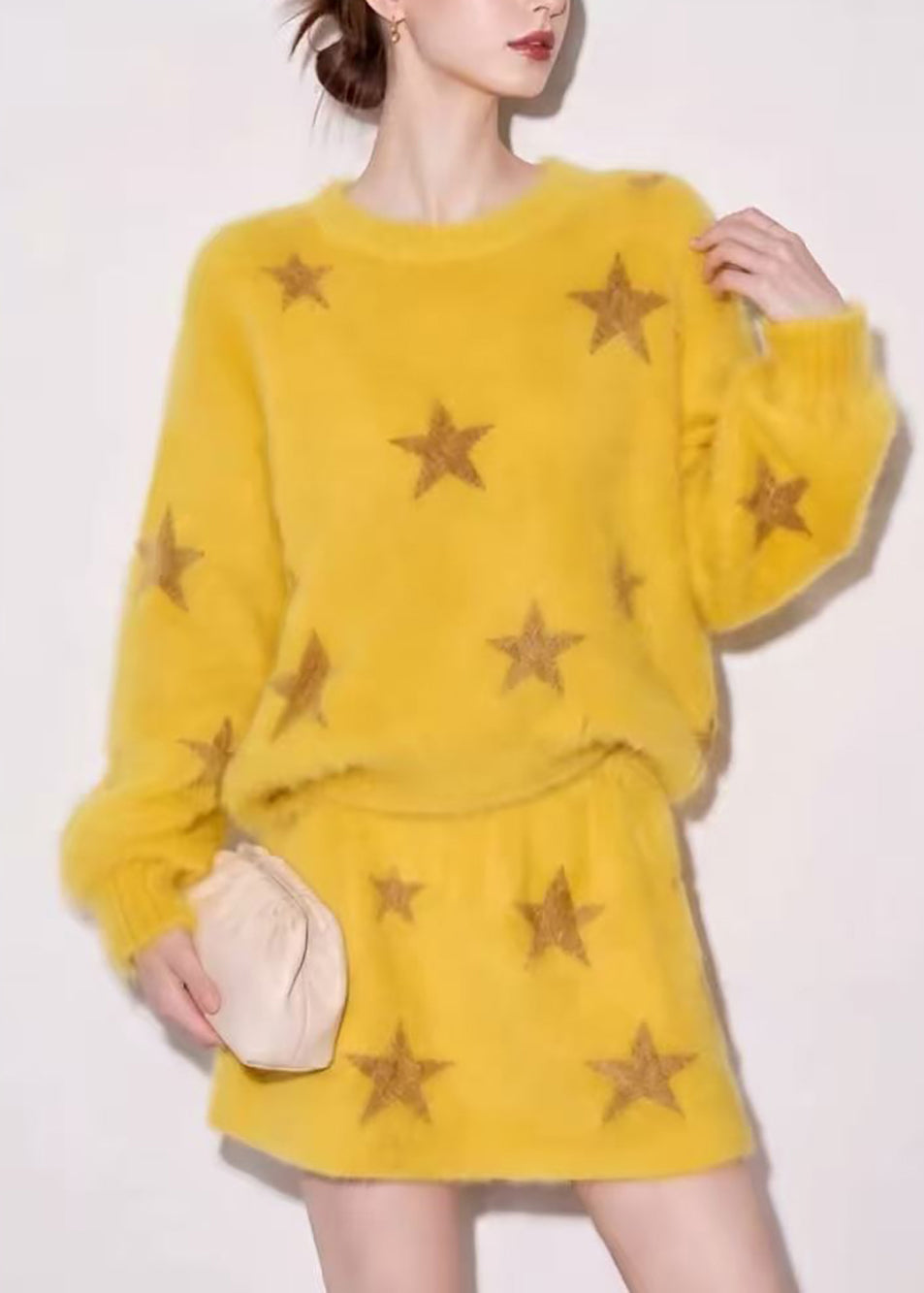 Casual Yellow O-Neck Star Sweater And Skirt Knit Two Pieces Set Fall