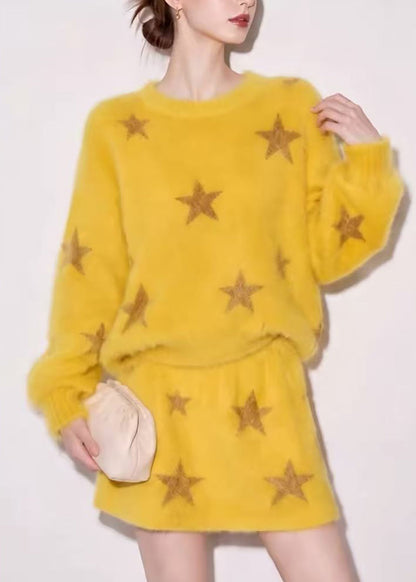 Casual Yellow O-Neck Star Sweater And Skirt Knit Two Pieces Set Fall