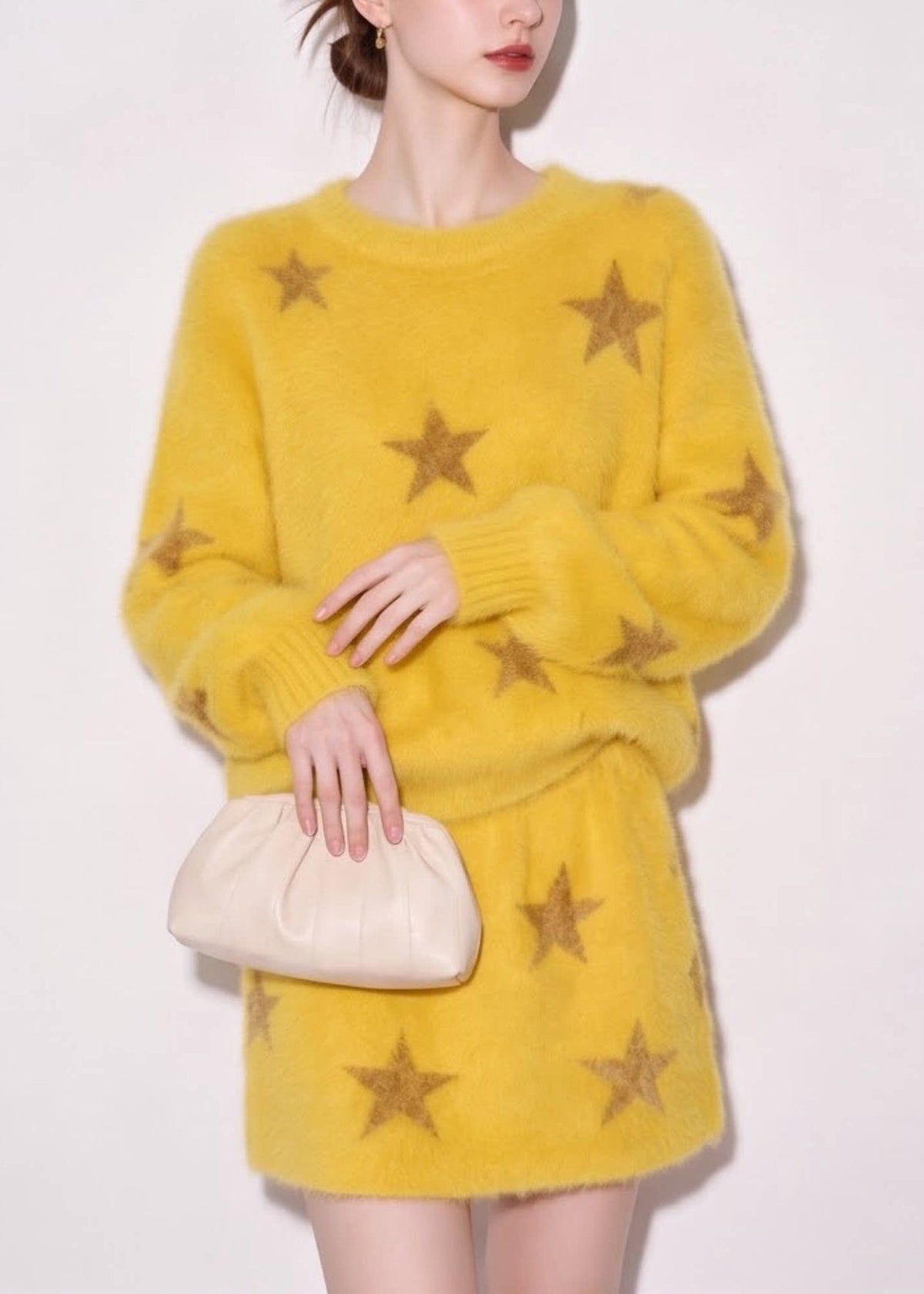 Casual Yellow O-Neck Star Sweater And Skirt Knit Two Pieces Set Fall