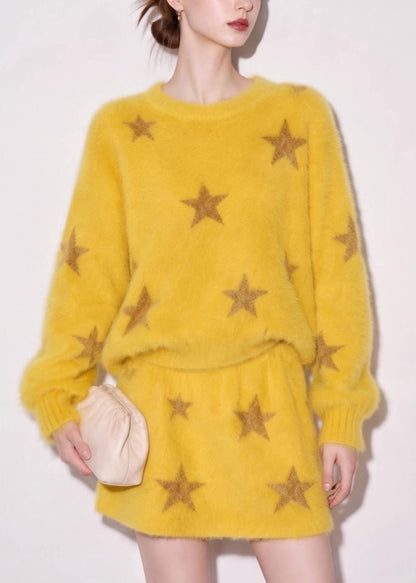 Casual Yellow O-Neck Star Sweater And Skirt Knit Two Pieces Set Fall