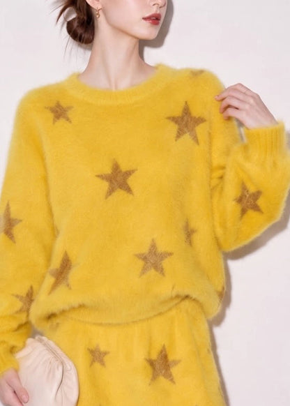 Casual Yellow O-Neck Star Sweater And Skirt Knit Two Pieces Set Fall