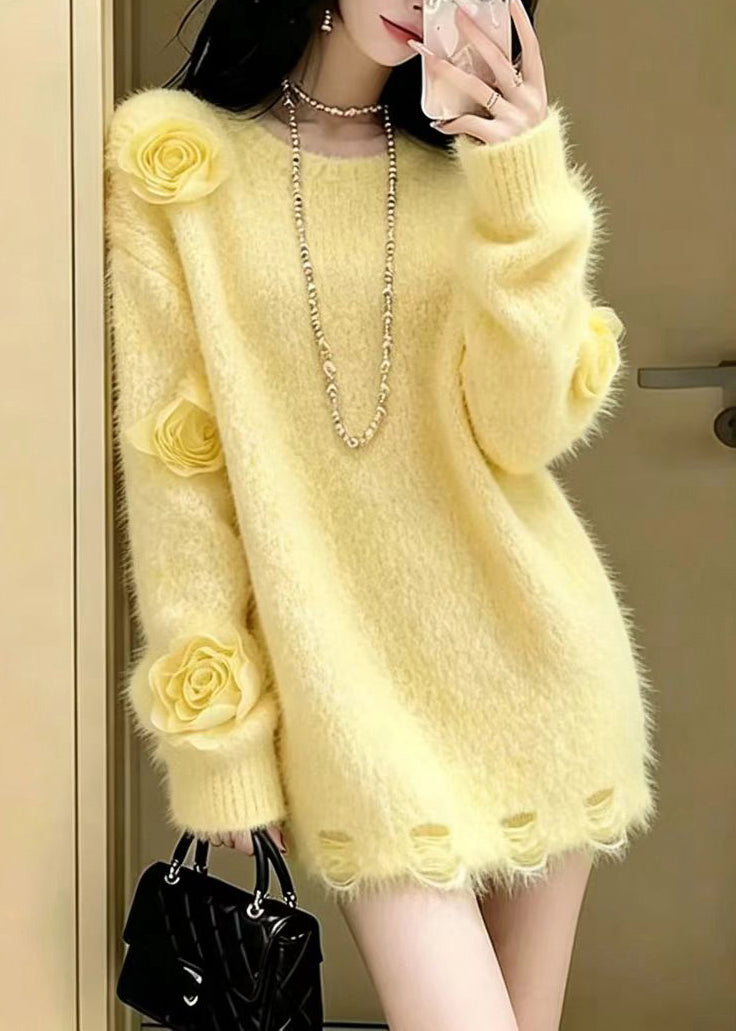 Casual Yellow O-Neck Stereoscopi Floral Knit Sweater Tops Winter