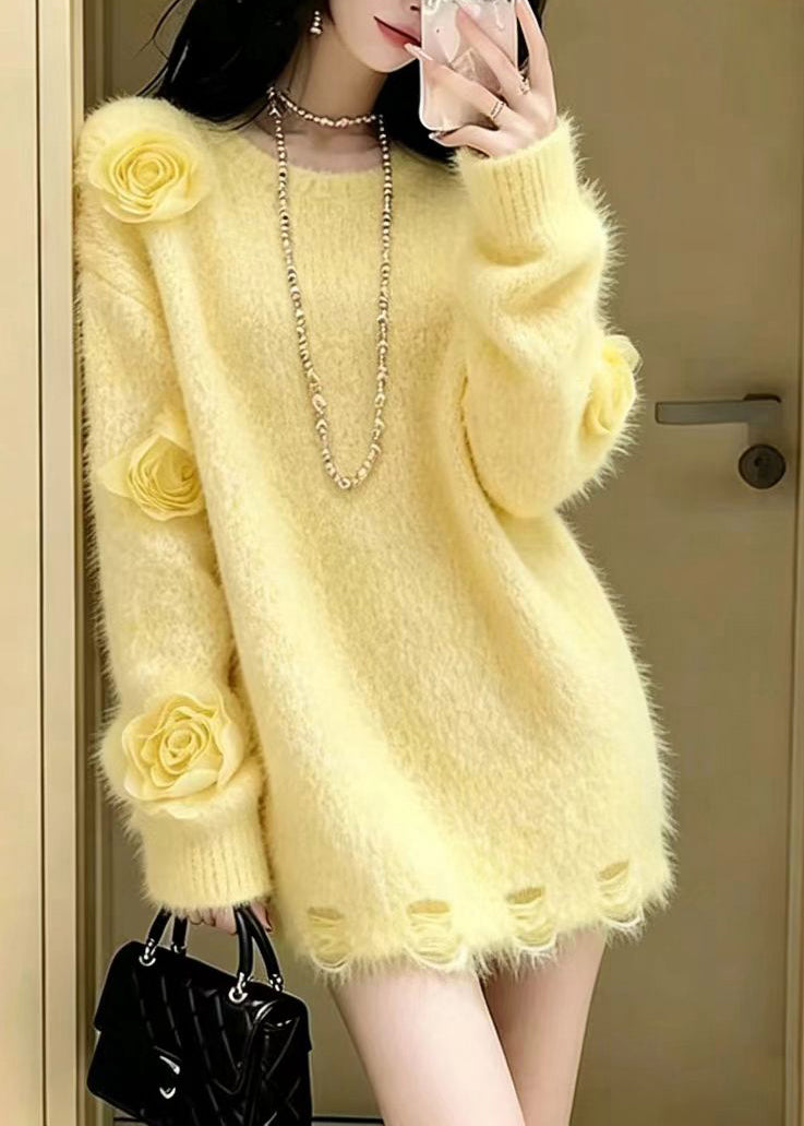 Casual Yellow O-Neck Stereoscopi Floral Knit Sweater Tops Winter