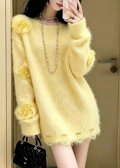 Casual Yellow O-Neck Stereoscopi Floral Knit Sweater Tops Winter