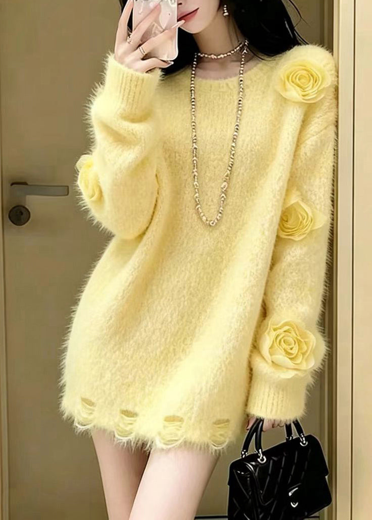Casual Yellow O-Neck Stereoscopi Floral Knit Sweater Tops Winter