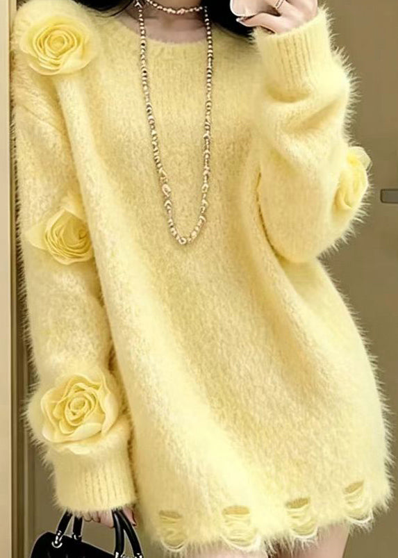 Casual Yellow O-Neck Stereoscopi Floral Knit Sweater Tops Winter