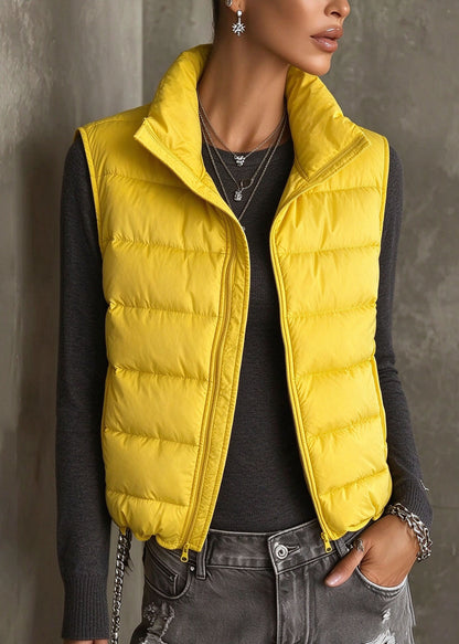 Casual Yellow Patchwork Cotton Filled Solid Waistcoat Stand Collar Sleeveless