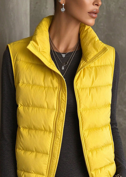 Casual Yellow Patchwork Cotton Filled Solid Waistcoat Stand Collar Sleeveless