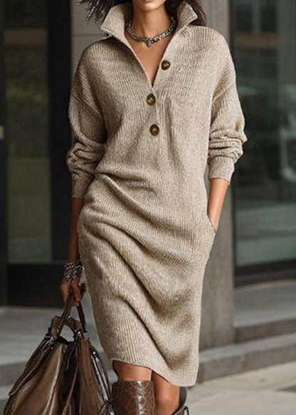 Casual Yellow Peter Pan Collar Pockets Cotton Knit Sweater Dress Spring