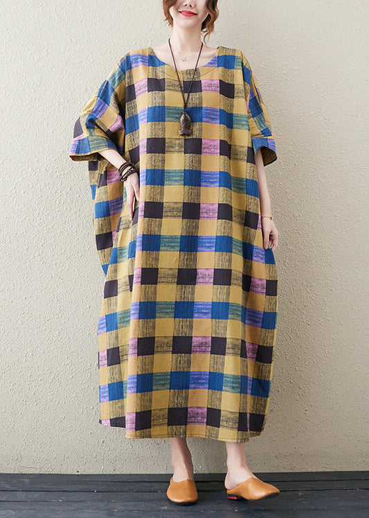 Casual Yellow Plaid O-Neck Long Dress Summer