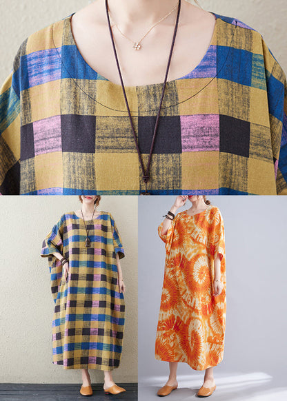 Casual Yellow Plaid O-Neck Long Dress Summer