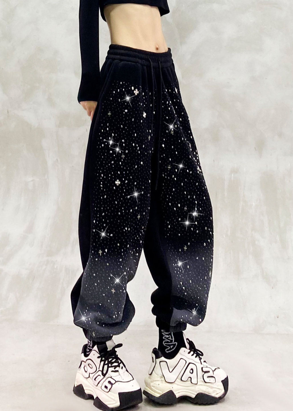 Casual Yellow Pockets Zircon Elastic Waist Warm Fleece Beam Pants Winter